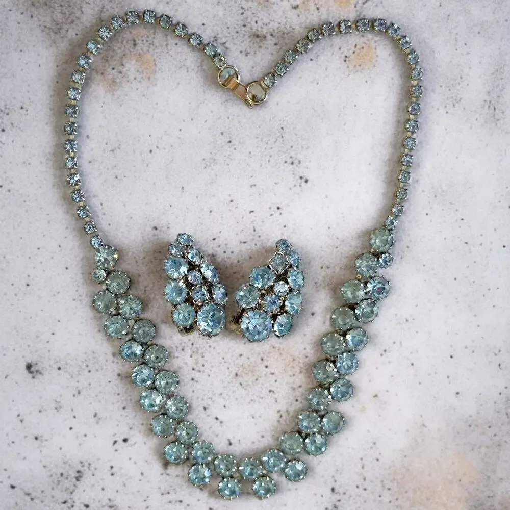 Vintage Ice Blue Demi Parure Deco Necklace Earring Set Sarah Coventry Weiss